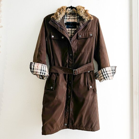 Burberry London Rabbit Fur Trimmed Stand Collar Tench Coat with Belt - Picture 2 of 11